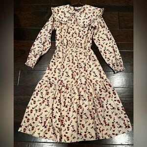 Mila Tan Corduroy With Floral Print Dress; has a Ruffled Collar and Tiered Skirt